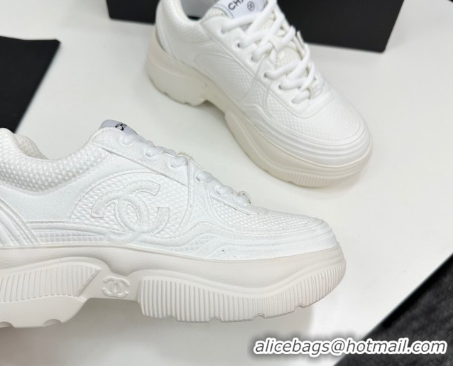 Durable Chanel Calfskin Leather and Knit Platform Sneakers All White 2025 CH110104 1101045