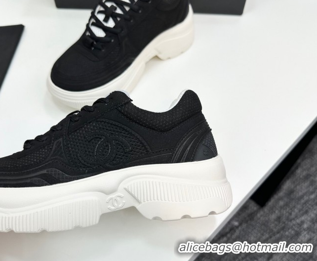Purchase Chanel Calfskin Leather and Knit Platform Sneakers Black 2025 CH110104 1101046
