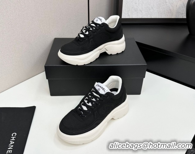 Purchase Chanel Calfskin Leather and Knit Platform Sneakers Black 2025 CH110104 1101046