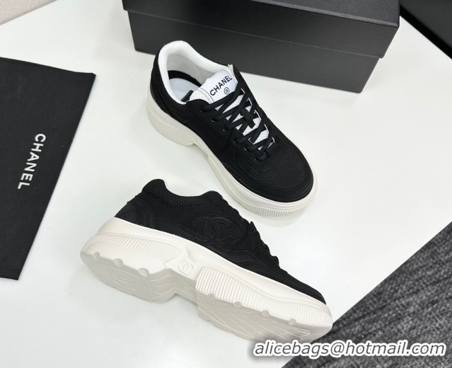 Purchase Chanel Calfskin Leather and Knit Platform Sneakers Black 2025 CH110104 1101046