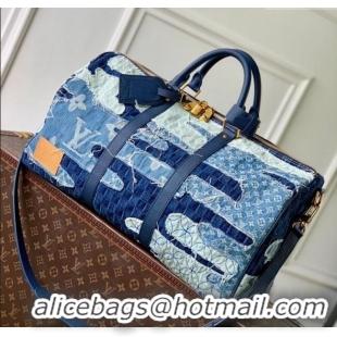 Top Design Louis Vuitton Keepall Bandouliere 50 travel bag in Blue Denim M26117 2025