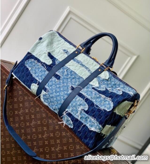 Top Design Louis Vuitton Keepall Bandouliere 50 travel bag in Blue Denim M26117 2025