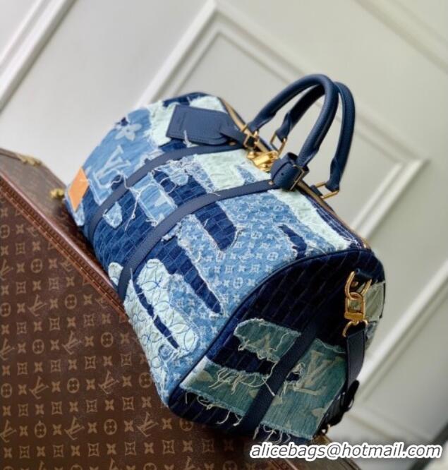 Top Design Louis Vuitton Keepall Bandouliere 50 travel bag in Blue Denim M26117 2025