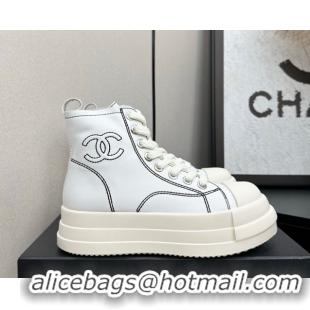 Most Popular Chanel Calfskin Leather High Top Platform Sneakers White 2025 CH110105 1101050