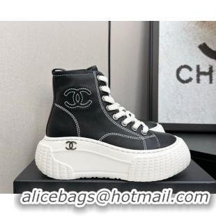 Good Quality Chanel Calfskin Leather High Top Platform Sneakers Black 2025 CH110106
