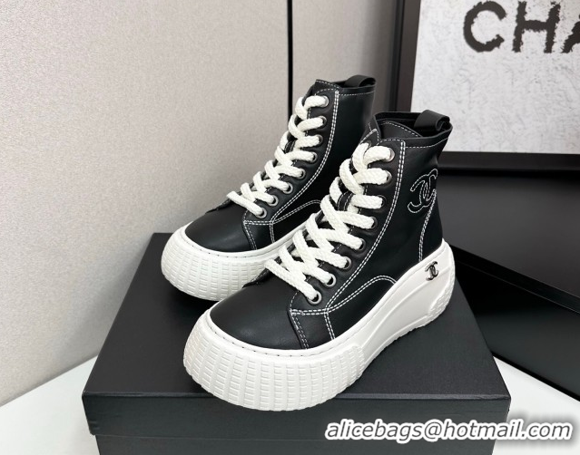 Good Quality Chanel Calfskin Leather High Top Platform Sneakers Black 2025 CH110106