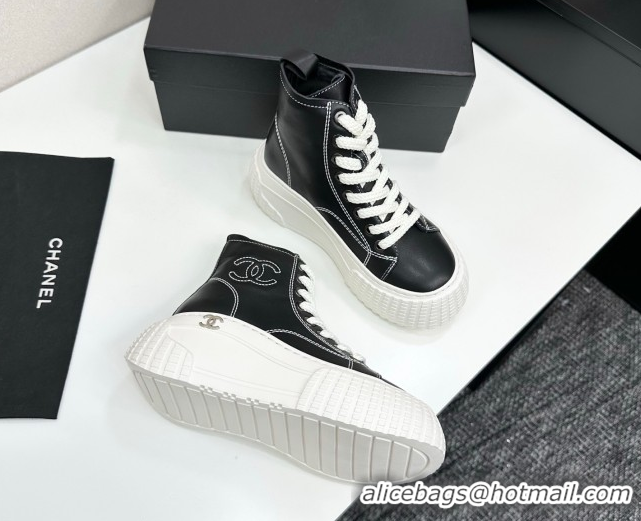 Good Quality Chanel Calfskin Leather High Top Platform Sneakers Black 2025 CH110106