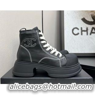 Pretty Style Chanel Calfskin Leather High Top Platform Sneakers Black 2025 CH110107
