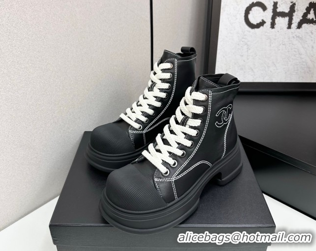 Pretty Style Chanel Calfskin Leather High Top Platform Sneakers Black 2025 CH110107