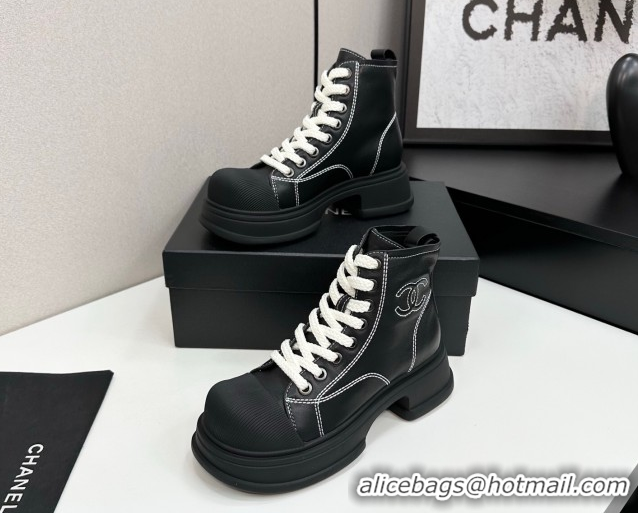 Pretty Style Chanel Calfskin Leather High Top Platform Sneakers Black 2025 CH110107
