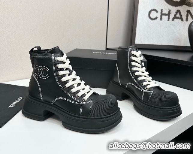 Pretty Style Chanel Calfskin Leather High Top Platform Sneakers Black 2025 CH110107