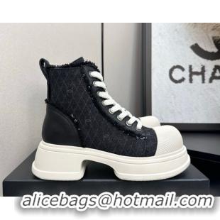 Charming Chanel Quilted Denim and Fringe High Top Platform Sneakers Black/White 2025 CH110108