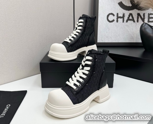 Charming Chanel Quilted Denim and Fringe High Top Platform Sneakers Black/White 2025 CH110108
