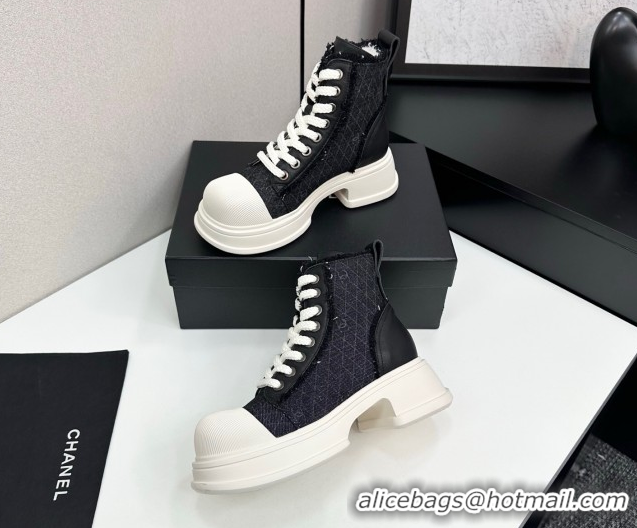 Charming Chanel Quilted Denim and Fringe High Top Platform Sneakers Black/White 2025 CH110108