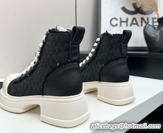 Charming Chanel Quilted Denim and Fringe High Top Platform Sneakers Black/White 2025 CH110108