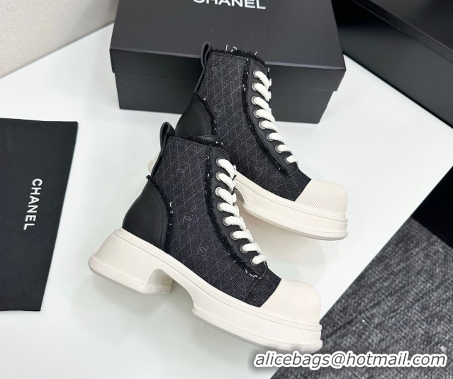 Charming Chanel Quilted Denim and Fringe High Top Platform Sneakers Black/White 2025 CH110108