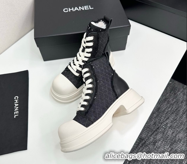 Charming Chanel Quilted Denim and Fringe High Top Platform Sneakers Black/White 2025 CH110108