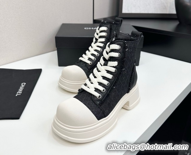 Charming Chanel Quilted Denim and Fringe High Top Platform Sneakers Black/White 2025 CH110108