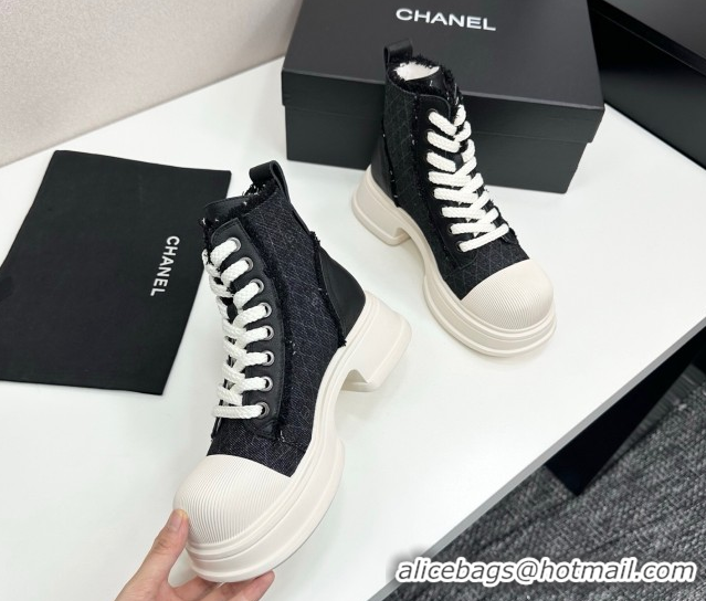 Charming Chanel Quilted Denim and Fringe High Top Platform Sneakers Black/White 2025 CH110108