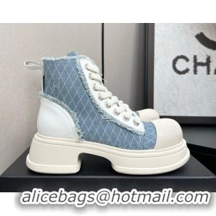 Durable Chanel Quilted Denim and Fringe High Top Platform Sneakers Light Blue 2025 CH110108