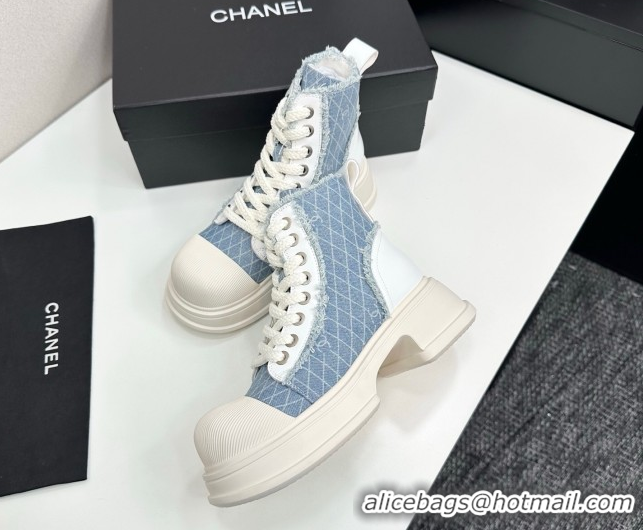 Durable Chanel Quilted Denim and Fringe High Top Platform Sneakers Light Blue 2025 CH110108