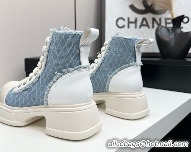 Durable Chanel Quilted Denim and Fringe High Top Platform Sneakers Light Blue 2025 CH110108