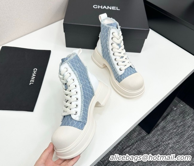 Durable Chanel Quilted Denim and Fringe High Top Platform Sneakers Light Blue 2025 CH110108