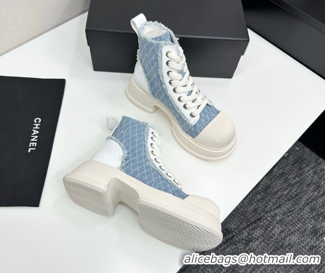Durable Chanel Quilted Denim and Fringe High Top Platform Sneakers Light Blue 2025 CH110108