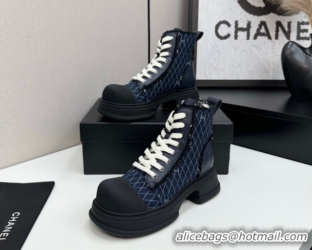 Grade Quality Chanel Quilted Denim and Fringe High Top Platform Sneakers Navy Blue 2025 CH110108