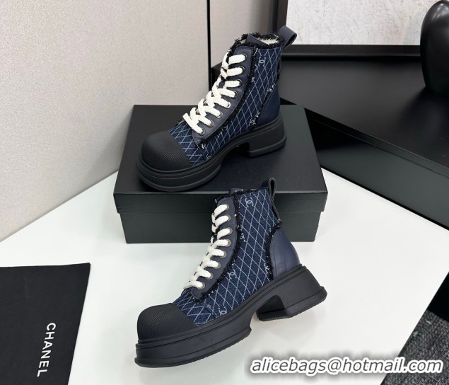 Grade Quality Chanel Quilted Denim and Fringe High Top Platform Sneakers Navy Blue 2025 CH110108