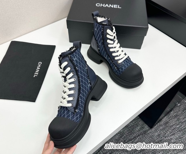 Grade Quality Chanel Quilted Denim and Fringe High Top Platform Sneakers Navy Blue 2025 CH110108