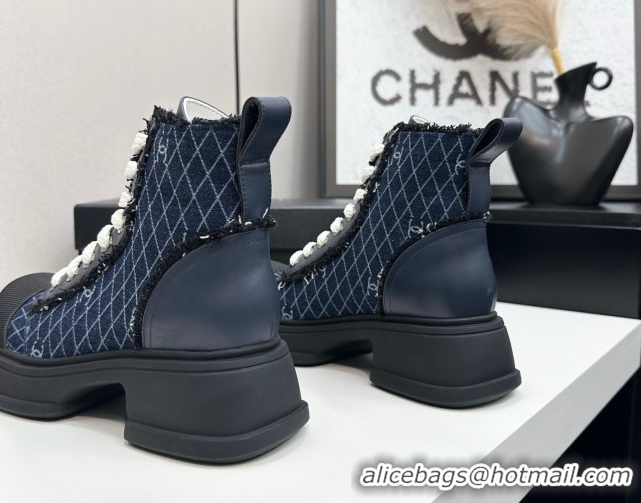Grade Quality Chanel Quilted Denim and Fringe High Top Platform Sneakers Navy Blue 2025 CH110108