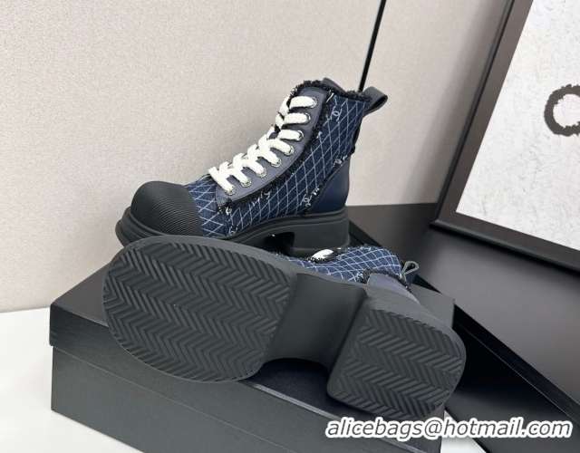Grade Quality Chanel Quilted Denim and Fringe High Top Platform Sneakers Navy Blue 2025 CH110108