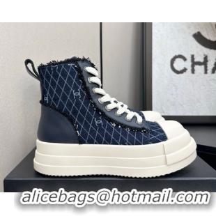 Best Grade Chanel Quilted Denim and Fringe High Top Platform Sneakers Navy Blue CH110109