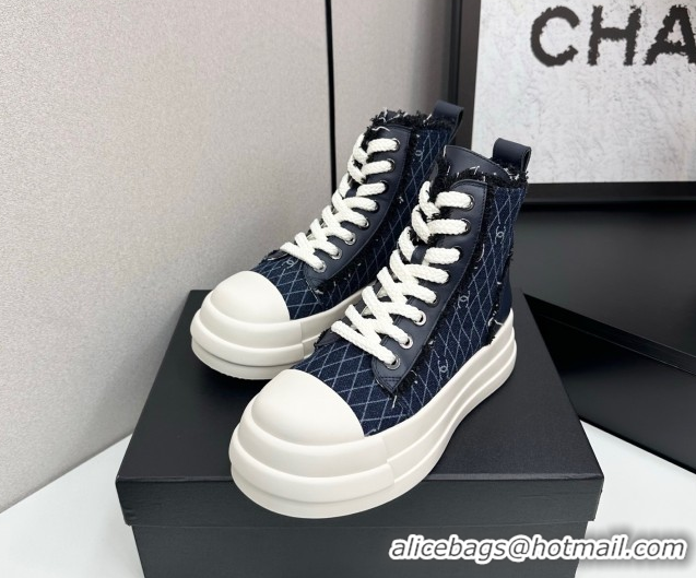 Best Grade Chanel Quilted Denim and Fringe High Top Platform Sneakers Navy Blue CH110109
