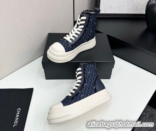 Best Grade Chanel Quilted Denim and Fringe High Top Platform Sneakers Navy Blue CH110109