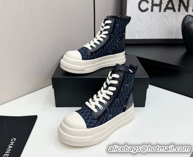 Best Grade Chanel Quilted Denim and Fringe High Top Platform Sneakers Navy Blue CH110109