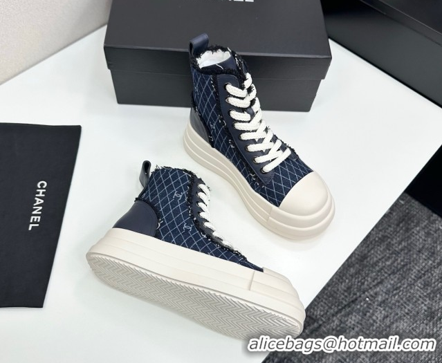 Best Grade Chanel Quilted Denim and Fringe High Top Platform Sneakers Navy Blue CH110109