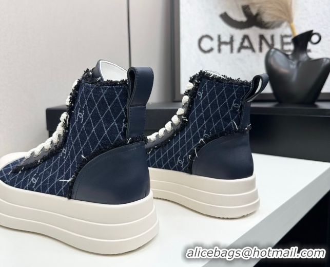Best Grade Chanel Quilted Denim and Fringe High Top Platform Sneakers Navy Blue CH110109