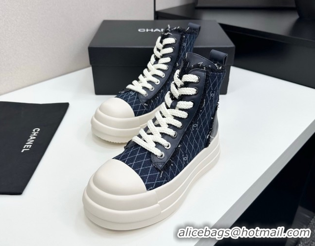 Best Grade Chanel Quilted Denim and Fringe High Top Platform Sneakers Navy Blue CH110109