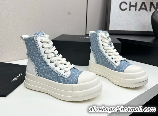 Duplicate Chanel Quilted Denim and Fringe High Top Platform Sneakers Light Blue 2025 CH110109