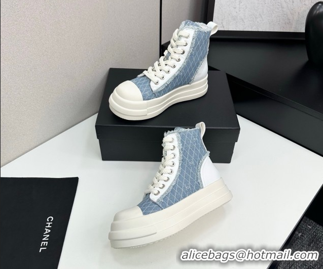 Duplicate Chanel Quilted Denim and Fringe High Top Platform Sneakers Light Blue 2025 CH110109