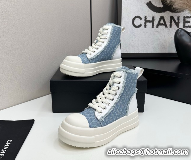 Duplicate Chanel Quilted Denim and Fringe High Top Platform Sneakers Light Blue 2025 CH110109