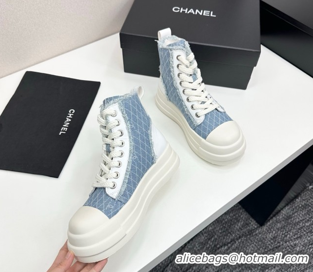Duplicate Chanel Quilted Denim and Fringe High Top Platform Sneakers Light Blue 2025 CH110109
