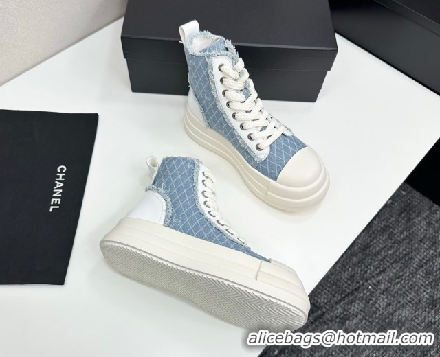Duplicate Chanel Quilted Denim and Fringe High Top Platform Sneakers Light Blue 2025 CH110109