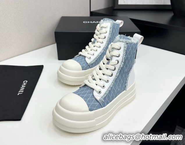 Duplicate Chanel Quilted Denim and Fringe High Top Platform Sneakers Light Blue 2025 CH110109