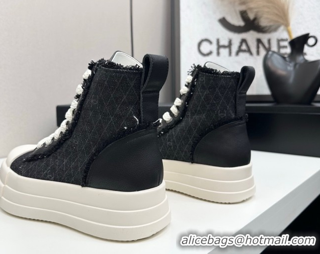 Discount Chanel Quilted Denim and Fringe High Top Platform Sneakers Black 2025 CH110109