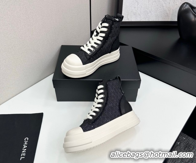 Discount Chanel Quilted Denim and Fringe High Top Platform Sneakers Black 2025 CH110109