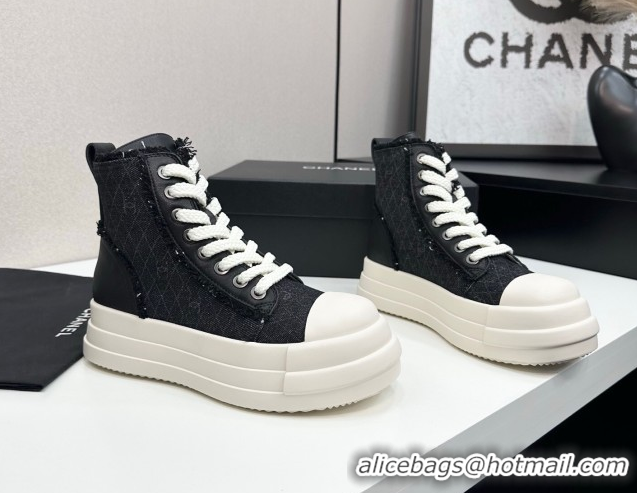 Discount Chanel Quilted Denim and Fringe High Top Platform Sneakers Black 2025 CH110109