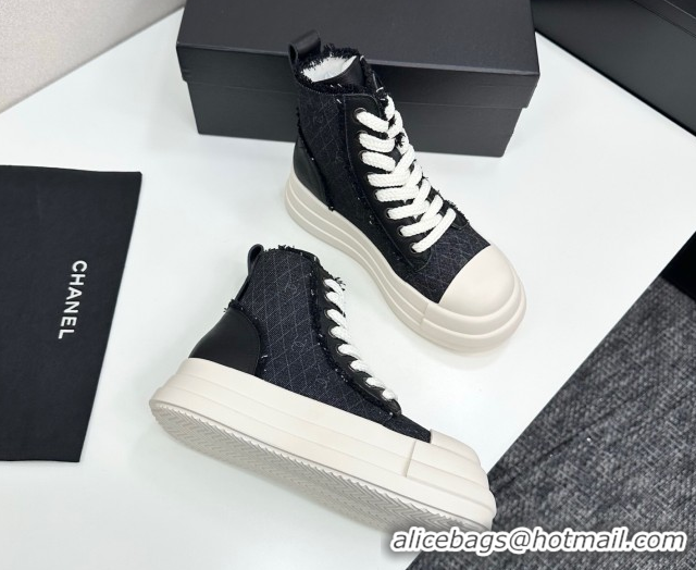 Discount Chanel Quilted Denim and Fringe High Top Platform Sneakers Black 2025 CH110109